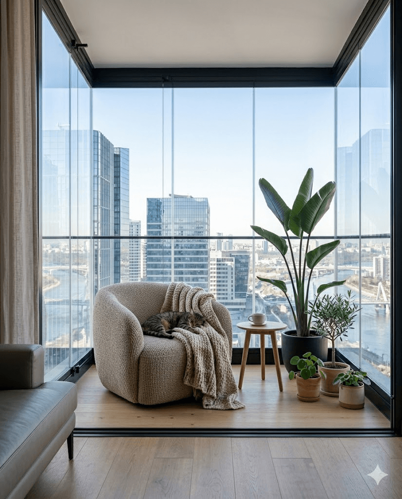 Camla kapatılmış modern cam balkon, şehir manzarası ve dinlenme köşesi