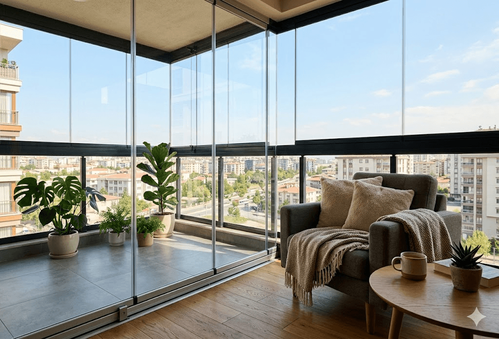 Isıcamlı çift cam balkon, şehir manzaralı kapatılmış balkon ve dinlenme köşesi