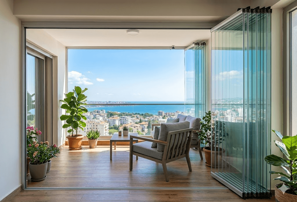 Katlanır akordiyon cam balkon, paneller yana katlanmış