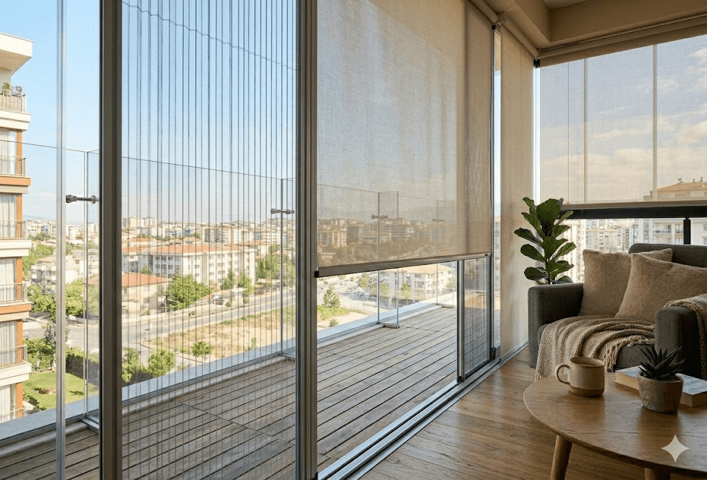 Cam balkonda plise sineklik ve perde sistemi, gölgeli balkon